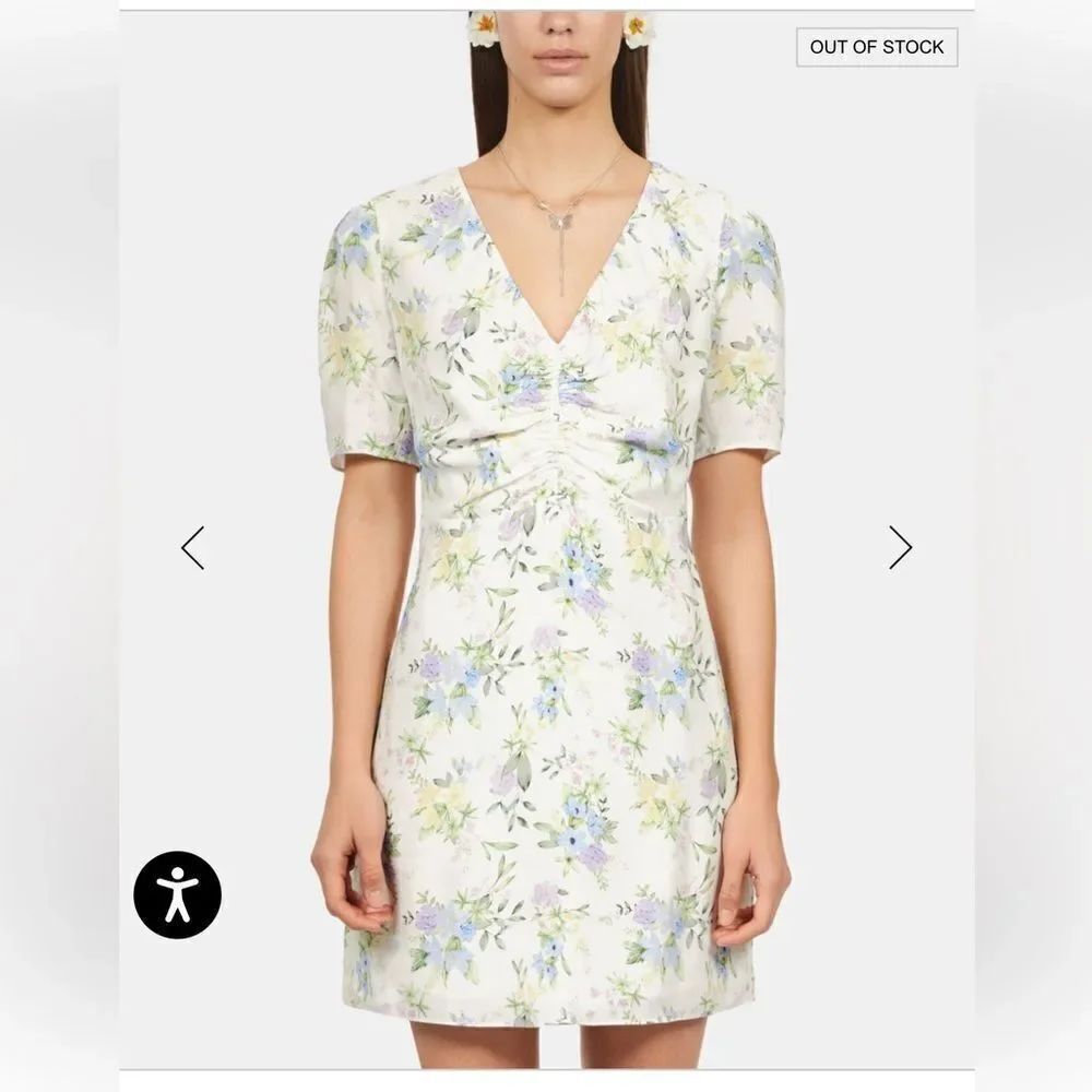 The Kooples WHITE FLORAL SHORT SLEEVE SHORT DRESS WITH SHIRRING NWT
